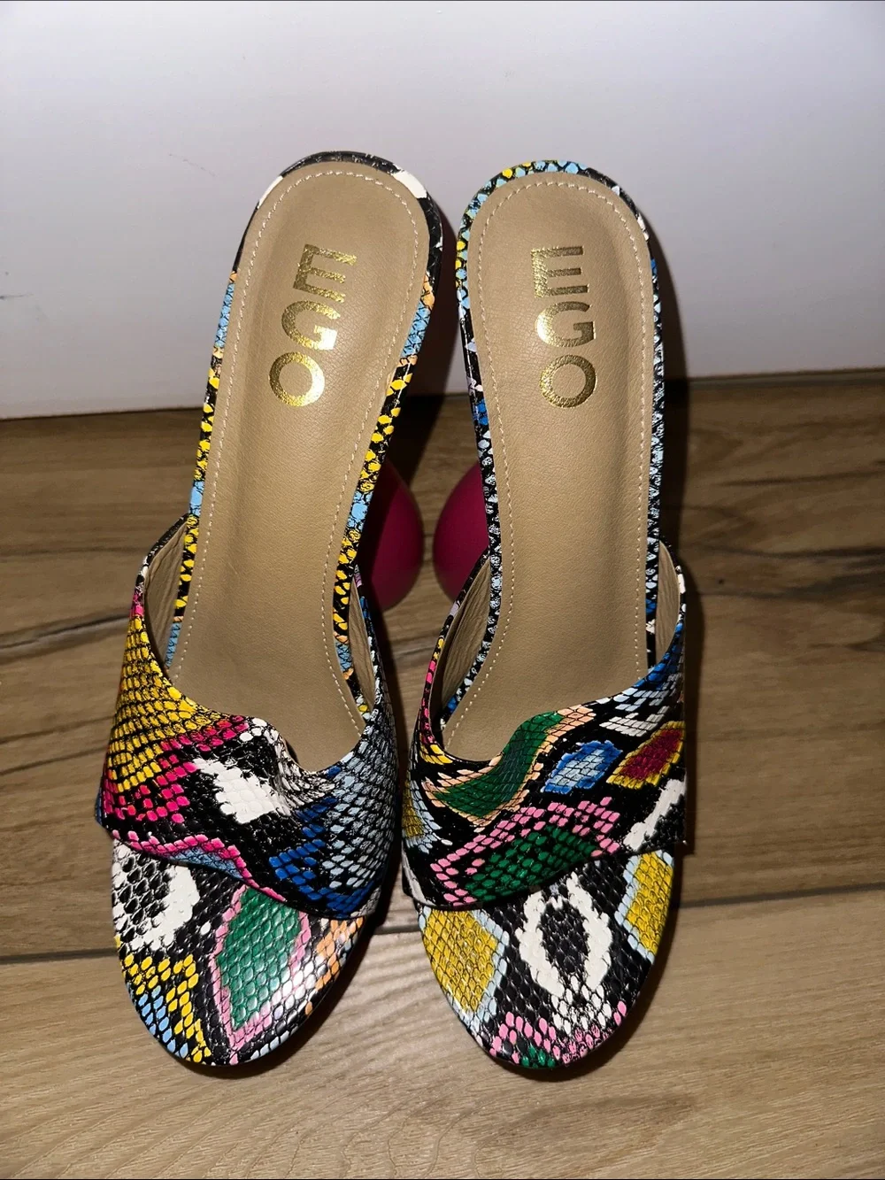 Pink Multicolor Snakeskin Platform Mule